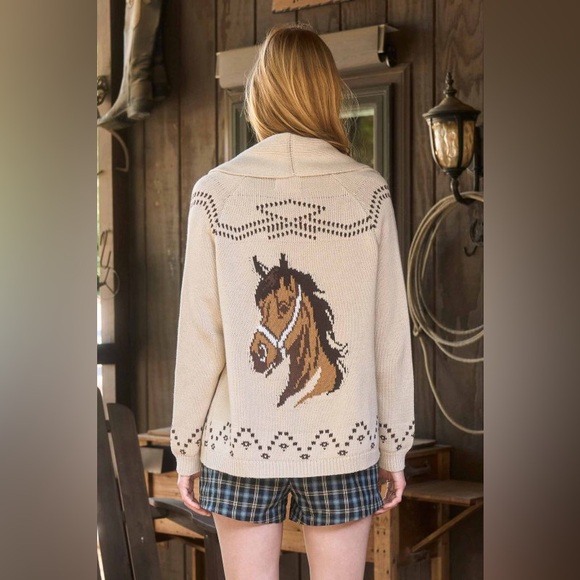 Anthropologie Sweaters - Beige khaki horse western rodeo jacquard embroidered stitched cardigan sweater